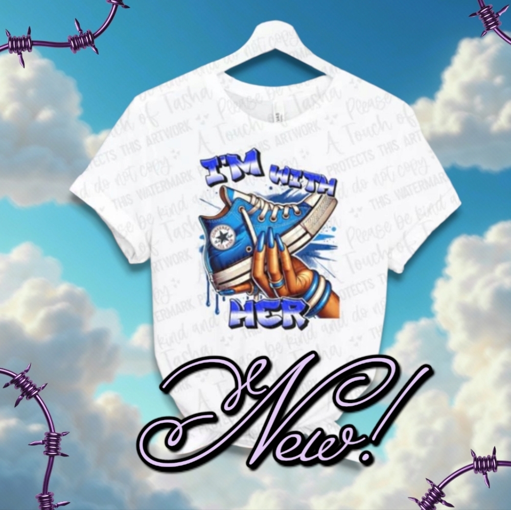 White and Blue Short Sleeve Tee with Graphic Design